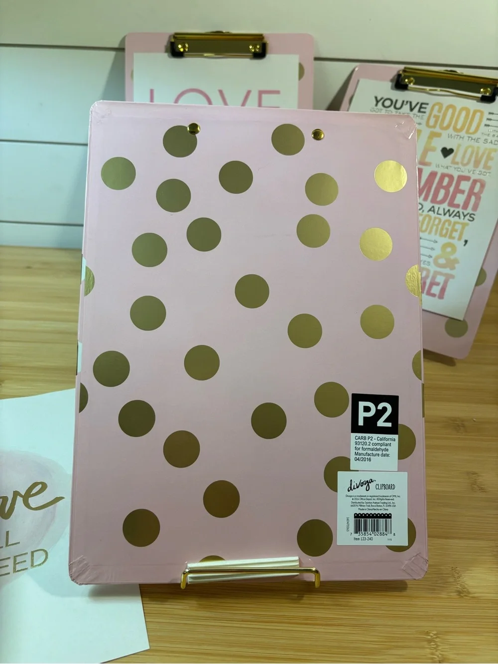 Trio of Pink & Gold Polka Dot Clipboards with Removable Inspirational Qoutes